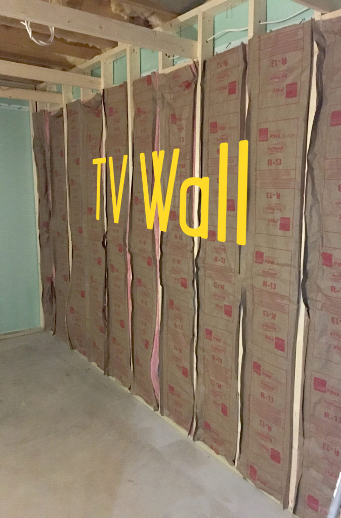 Media room television wall with rigid foam and fiberglass insultion