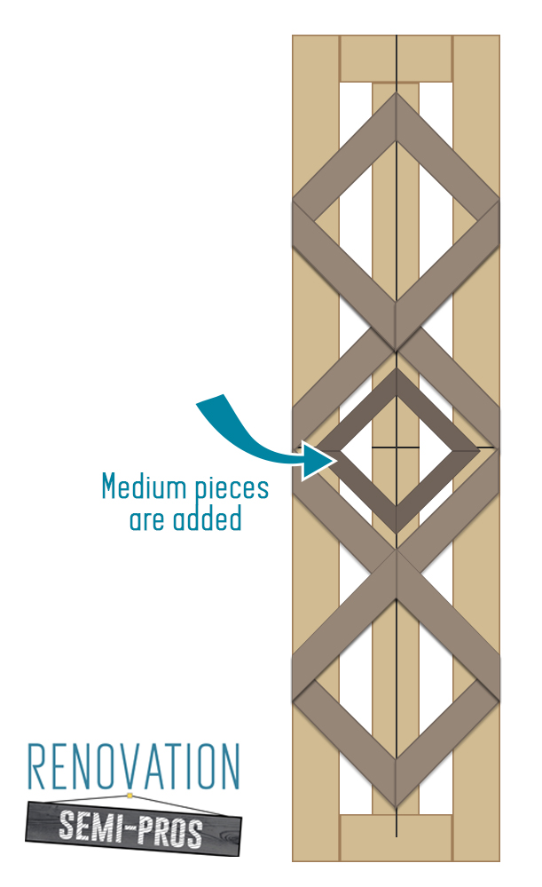 Diagram illustration of adding medium pieces to DIY custom cedar shutter