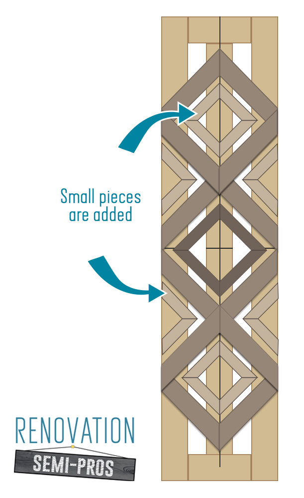 Diagram illustration of adding small pieces to DIY custom cedar shutter