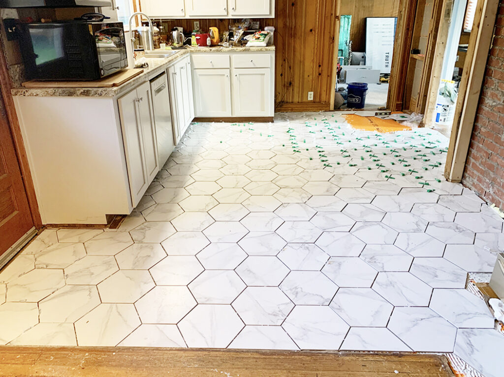 installing porcelain hexagon tile in kitchen